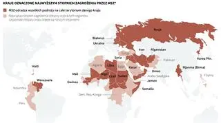 Mapa krajów oznaczonych najwyższym stopniem zagrożenia przez MSZ. Stan na lipiec 2025
