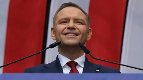 Karol Nawrocki przemawia w trakcie "Wielkiego Marszu za Polską"