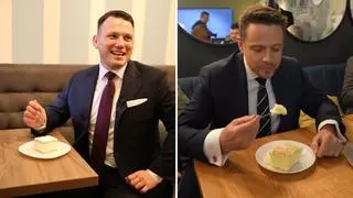 Sławomir Mentzen i Rafał Trzaskowski jedzący kremówki w cukierni w Wadowicach