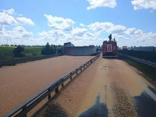 Przewrócona ciężarówka na autostradzie. Na jezdnię wysypała się kukurydza