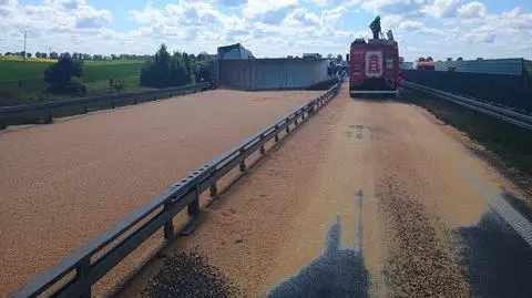 Przewrócona ciężarówka na autostradzie. Na jezdnię wysypała się kukurydza