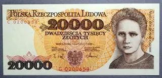 Maria Curie-Skłodowska na starym banknocie o nominale 20 000 zł była - jak mówi artystka Pola Dwurnik - "jedyną kobietą w tym towarzystwie"