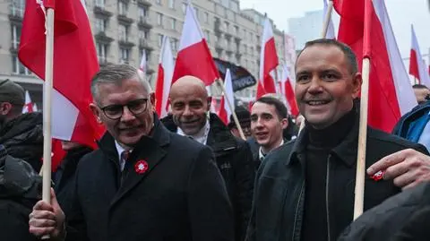 Sławomir Cenckiewicz i Karol Nawrocki na marszu w Warszawie 11 listopada