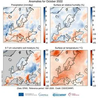 Anomalie opadów atmosferycznych, wilgotności względnej powietrza, wilgotności wierzchniej części gleby oraz temperatury powietrza w październiku 2022 r. w odniesieniu do średnich z okresu 1991-2020. 