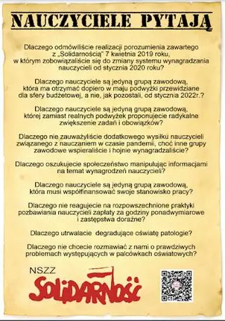 Pytania nauczycielskiej Solidarności do rządu