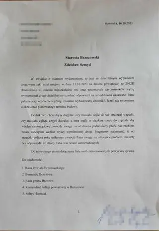 Pismo, które 16 października mieszkańcy złożyli na ręce starosty brzozowskiego 