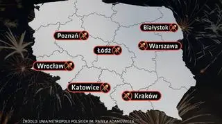 Miejskiego strzelania nie będzie w Krakowie, Białymstoku, Wrocławiu i Poznaniu. Takie miasta, jak Warszawa, Katowice i Łódź nie organizują też imprez sylwestrowych. 