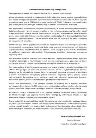 Komunikat prezydenta Nowego Sącza
