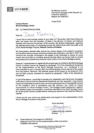 Pismo dyrektora Centrum Światowego Dziedzictwa UNESCO z 4 kwietnia 2025 r.