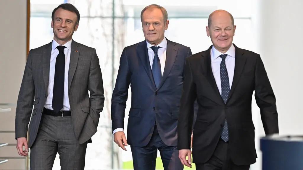 Emmanuel Macron, Donald Tusk, Olaf Scholz (zdjęcie z marca 2024)
