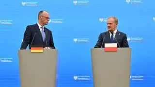 Friedrich Merz i Donald Tusk na wspólnej konferencji prasowej po spotkaniu w Warszawie