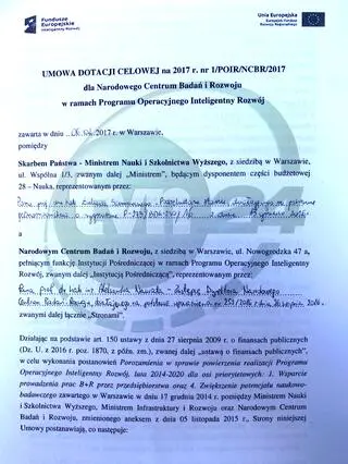 Umowa dotacji celowej, przyznanej NCBiR