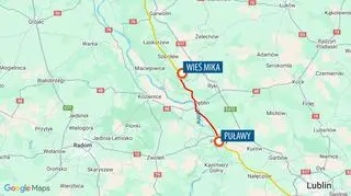 Mapa trasy kolejowej Mika-Puławy 