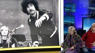 Jadwiga Staniszkis i Włodzimierz Czarzasty. Studio "Faktów po Faktach", na monitorze wyświetlane jest ich zdjęcie z 1981 r.