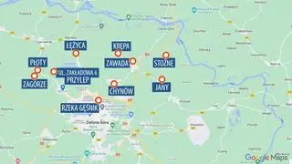 Mapa Zielonej Góry i okolic, nad którymi przeszła chmura dymu