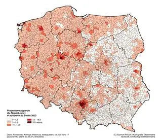 Mapa poparcia Nowej Lewicy