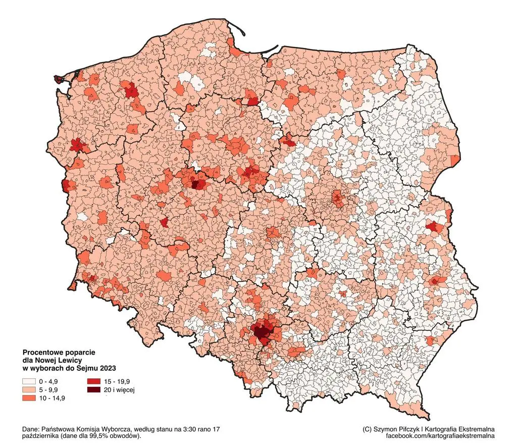 Mapa poparcia Nowej Lewicy