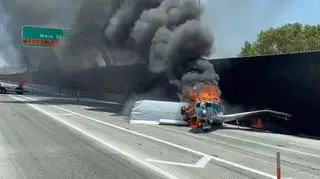 Aktualnie czytasz: Samolot awaryjnie lądował na środku autostrady, uderzył w samochód i stanął w płomieniach 