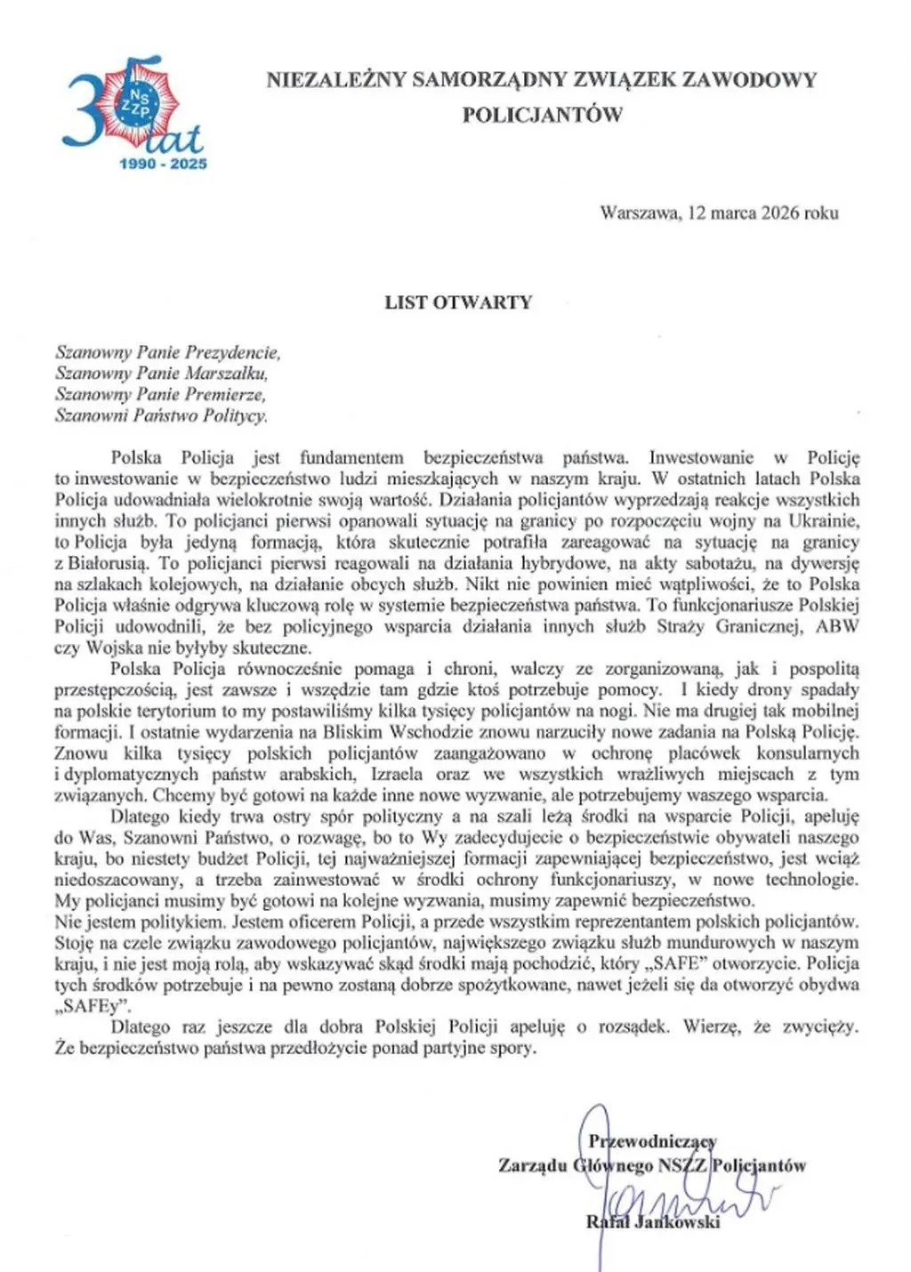 Apel przewodniczącego NSZZP Rafała Jankowskiego