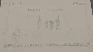 Rysunek z 1946 roku. Tytuł "Zbrodnie Niemców"