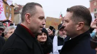 Karol Nawrocki i Przemysław Czarnek na grudniowej manifestacji przeciwników edukacji zdrowotnej