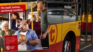 W miejskiej kampanii pasażer z głową świni jest otyły, brudny i je. Organizacje społeczne interweniują