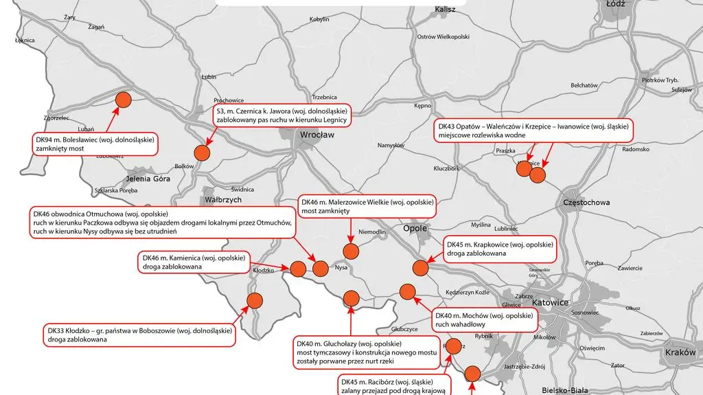 Mapa utrudnień na Drogach Krajowych