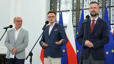 Włodzimierz Czarzasty, Szymon Hołownia i Władysław Kosiniak-Kamysz na konferencji w Sejmie