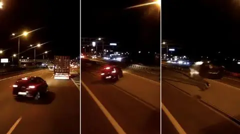 Za późno zmienił pas, auto dachowało. Nagranie