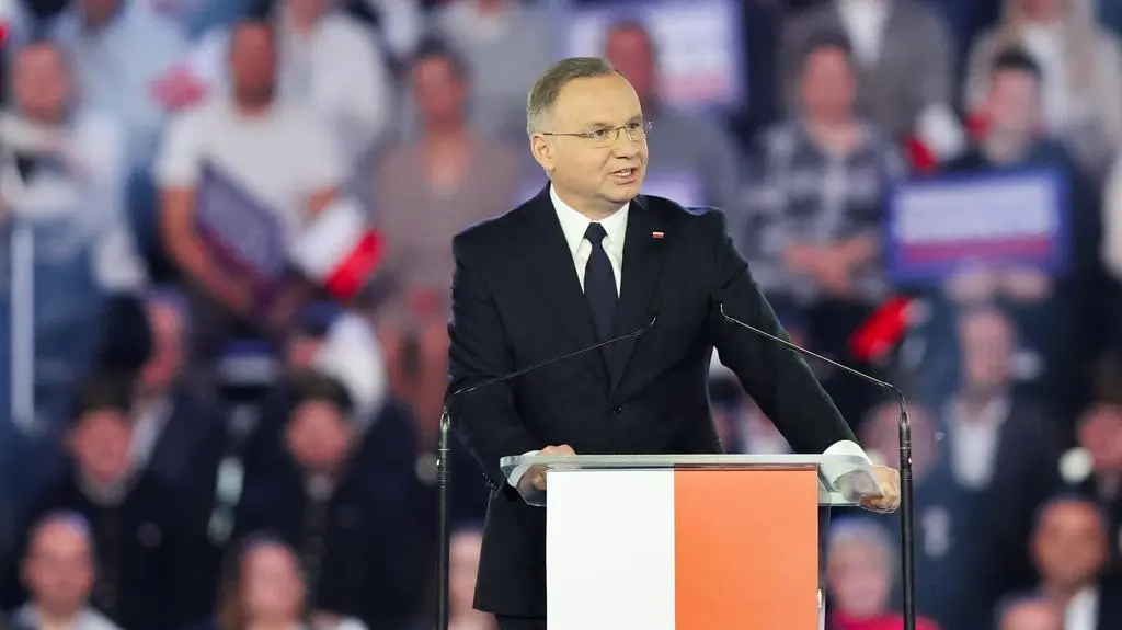 Prezydent Andrzej Duda na konwencji kandydata PiS Karola Nawrockiego w Łodzi, 27 kwietnia 2025