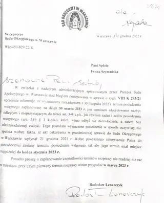 Prezesi sądu okręgowego zobowiązują sędzię Iwonę Szymańską do przyśpieszenia procesu