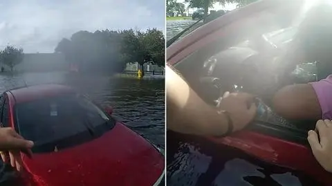 Przez huragan utknęli w zalanym aucie. Policjant wyciągnął ich z pojazdu