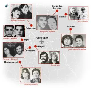 Mapa miejsc, w których atakował Potwór z Florencji