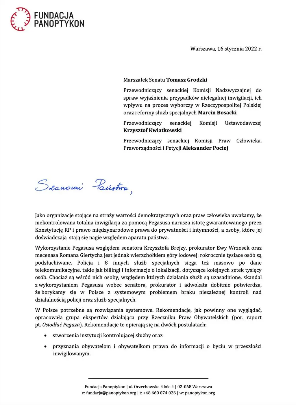Apel do senatorów