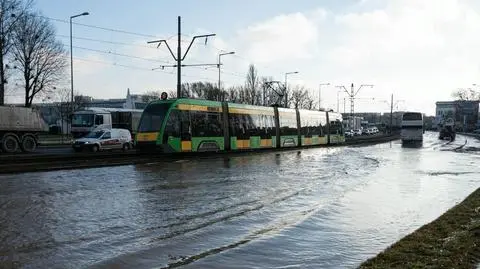 Zalane ulica i torowisko. Awaria wodociągowa w Poznaniu