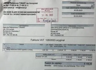 Faktura wystawiana co miesiąc przez agencję Tomart spółce SIM Opolskie