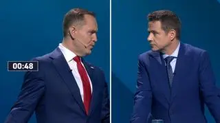Karol Nawrocki i Rafał Trzaskowski podczas debaty telewizyjnej 12 maja