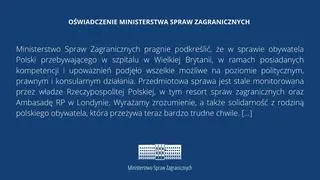 Oświadczenie MSZ w sprawie obywatela Polski przebywającego w szpitalu w Plymouth
