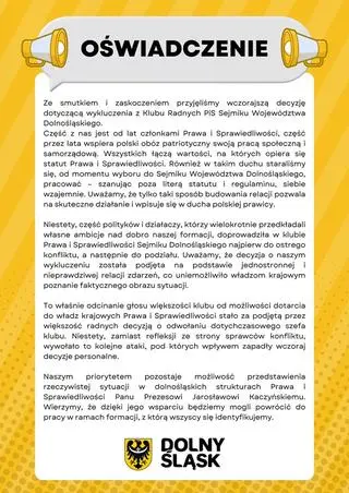Oświadczenie wykluczonych z PiS radnych sejmiku dolnośląskiego