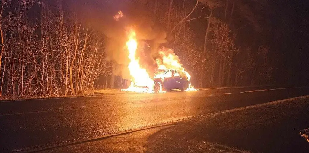 Spłonął samochód elektryczny pod Bełchatowem