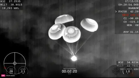 Przed wodowaniem nad Dragonem rozwinęły się spadochrony pomocnicze oraz główne