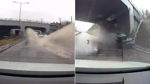 Samochód wjechał w kałużę i rozbił się o ścianę wiaduktu 