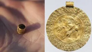 Po lewej fragment złotej zawieszki skandynawskiej znalezionej pod Rogoźnem. Po prawej przykład jak ozdoba mogła wyglądać w całości