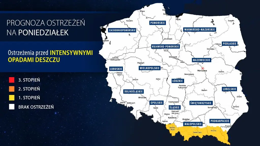 Prognoza zagrożeń IMGW na poniedziałek