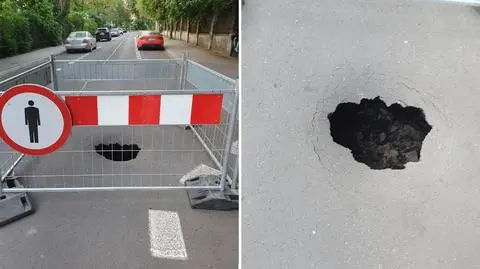 Dziura na środku ulicy Wyspiańskiego w Krakowie
