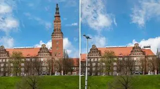 Po lewej stronie widać wizualizację, jak wyglądałby budynek z wieżą. Po prawej, jak wygląda dziś