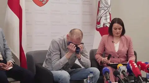 Siarhiej Cichanouski podczas konferencji prasowej