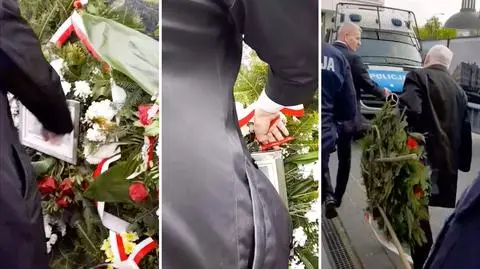 Jarosław Kaczyński zabrał wieniec z kontrowersyjną tabliczką sprzed pomnika smoleńskiego