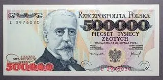 Stary banknot o nominale 500 000 zł z Henrykiem Sienkiewiczem