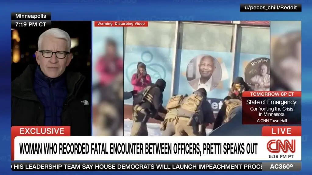 Stella Carlson w różowej kurtce na nagraniu wyemitowanym w CNN